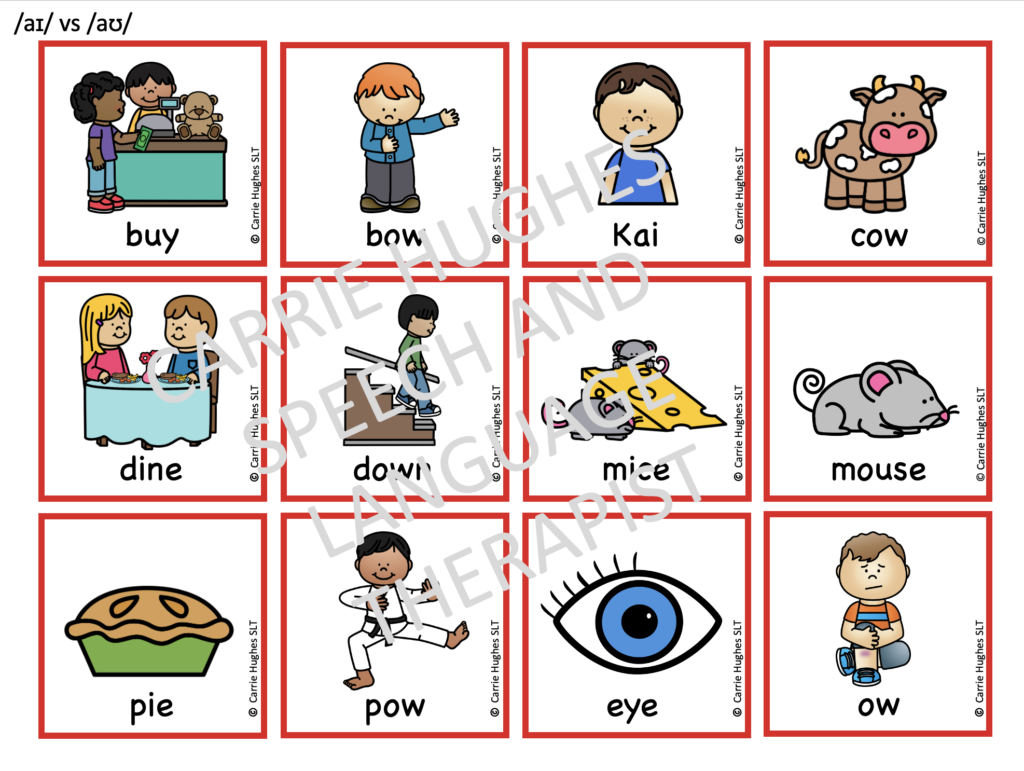 MINIMAL PAIRS CARDS - VOWELS /aɪ/ vs. /aʊ/ (eye vs. ow) - Carrie Hughes SLT